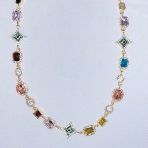 Multicolor Crystal Station Necklace - Gold Tone